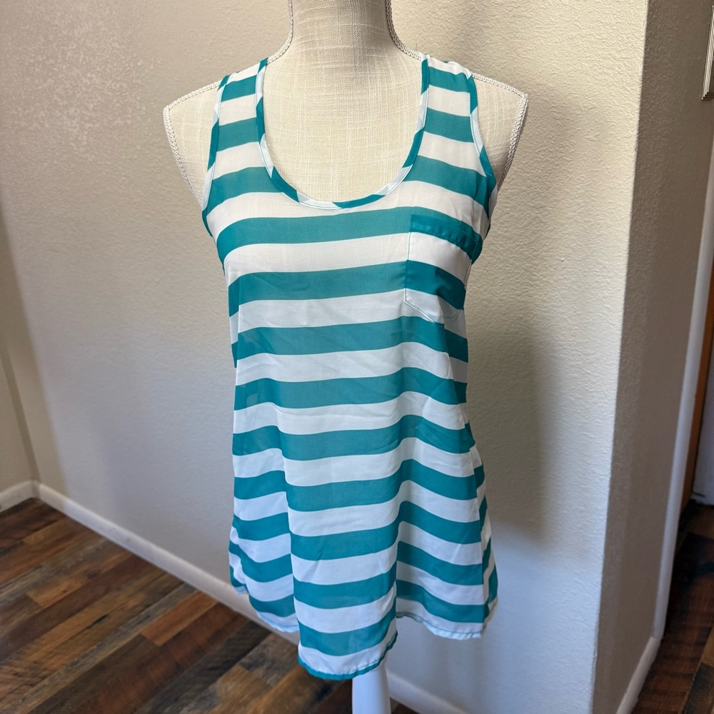 Striped Teal and White Tank Top by The Arte by Zenana - Size Small